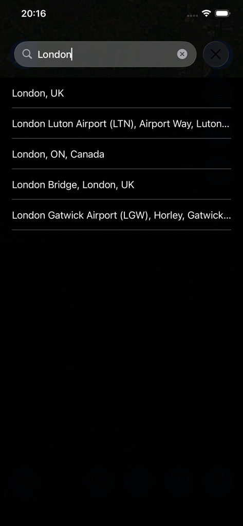 Interfaz de búsqueda de ubicación en la aplicación Road Sketch mostrando resultados de búsqueda para Londres