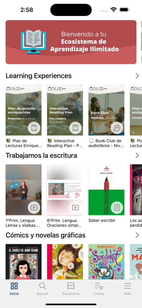 Red educativa Prodec - Interfaz de usuario de la aplicación Red educativa Prodec mostrando secciones para experiencias de aprendizaje, lecciones de escritura y novelas gráficas en español e inglés.