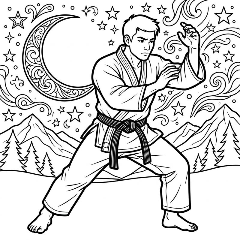 Unleash your creativity with this dynamic coloring page featuring a skilled Judoka in a powerful pose. Set against a mystical night sky adorned with a crescent moon and twinkling stars, it's an enchanting scene waiting for your artistic touch.