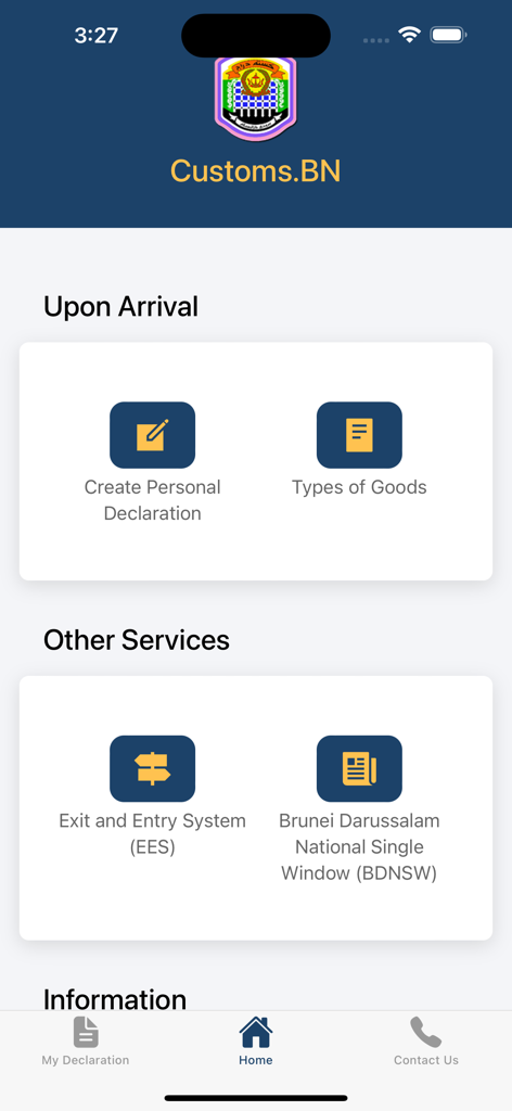 The home screen of the Customs.BN mobile app showing personal declaration and other arrival services for Brunei.