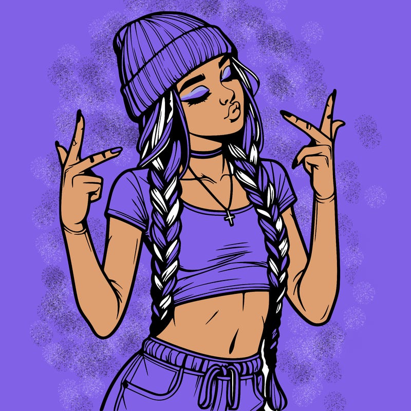 realistic teenage girl with braids and a beanie and crop top doing 🫶🏼