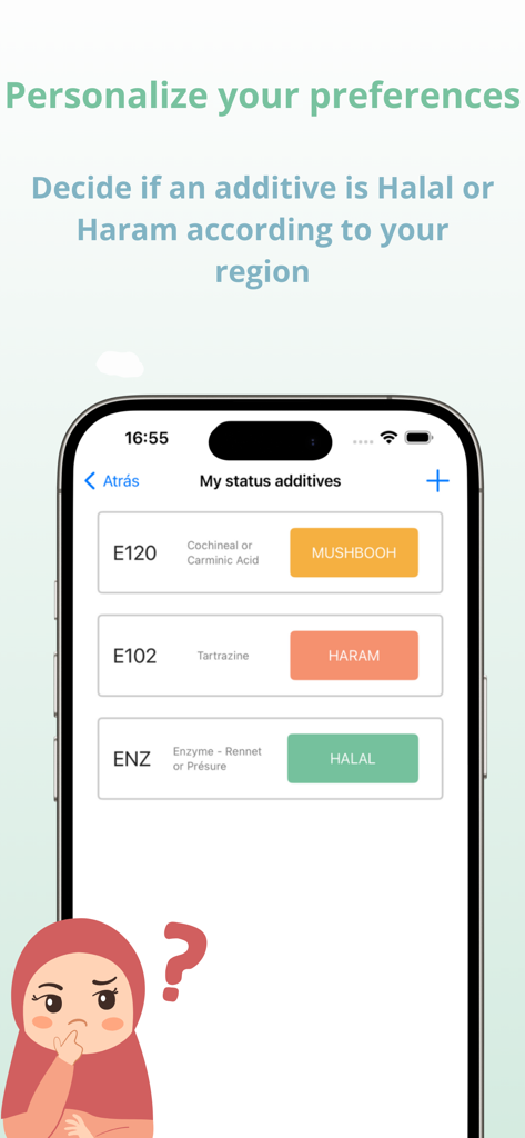 Find Halal food, Scanner Haram - Tela do aplicativo móvel para personalizar status de aditivos alimentares como Halal, Haram ou Mushbooh.