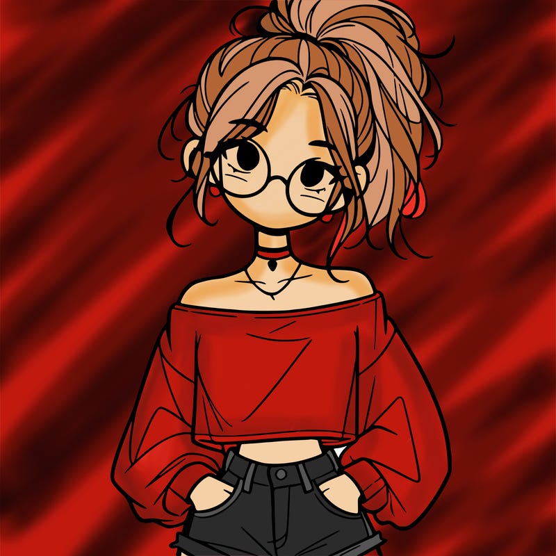 girl with a messy ponytail glasses a baggy crop top and jean shorts