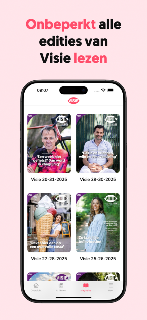 Um smartphone exibindo uma coleção de capas de revistas digitais dentro do aplicativo Visie Magazine
