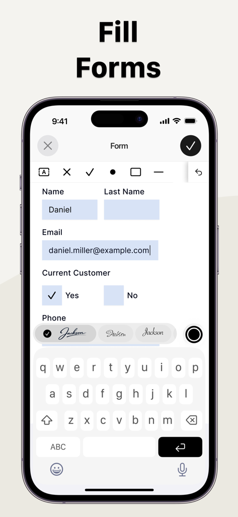 Signature: Fill and Sign PDF - Mobile app interface showing a PDF form with name and email fields being filled out on a smartphone