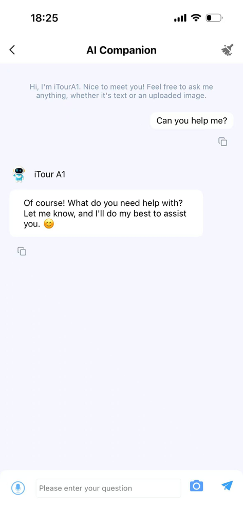 Captura de pantalla de la interfaz de chat del Compañero IA de iTourAR que muestra una conversación con el asistente virtual.