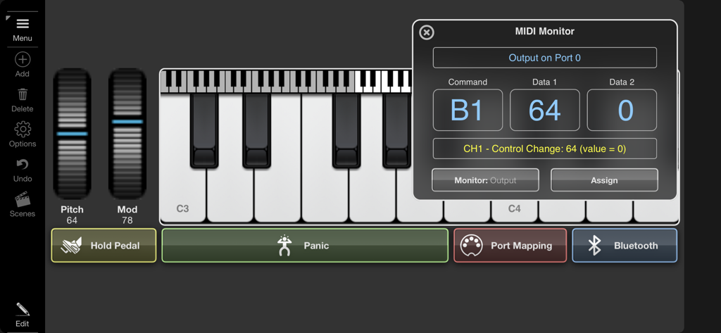Surface Builder - Surface Builder app interface featuring a virtual piano keyboard and a MIDI monitor window with technical data.