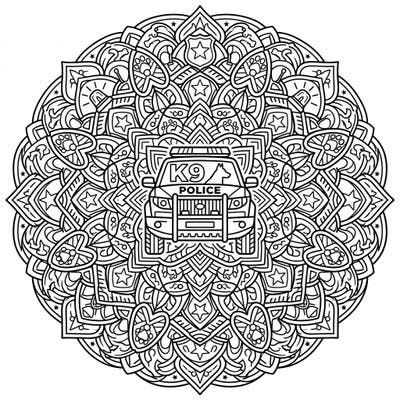 Explore a unique blend of duty and design with our K9 Police Vehicle Mandala coloring page. This intricate template combines the strength of law enforcement's K9 units with the calming complexity of symmetrical mandala patterns.