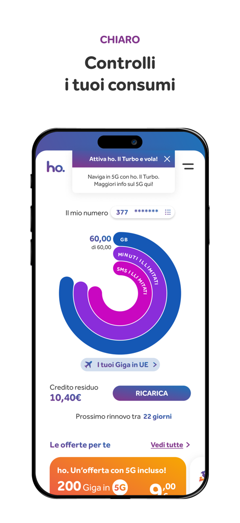 Panel de control de la aplicación móvil de ho. mostrando los minutos de datos restantes y el crédito de la cuenta.