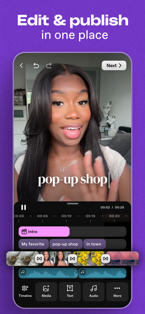 Mobile video editing screen in the Dailymotion app showing a multi-layer timeline and creator tools