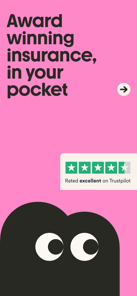 Marshmallow Insurance - Schermata dell'app mobile Marshmallow Insurance con lo slogan dell'assicurazione pluripremiata e una valutazione Trustpilot eccellente