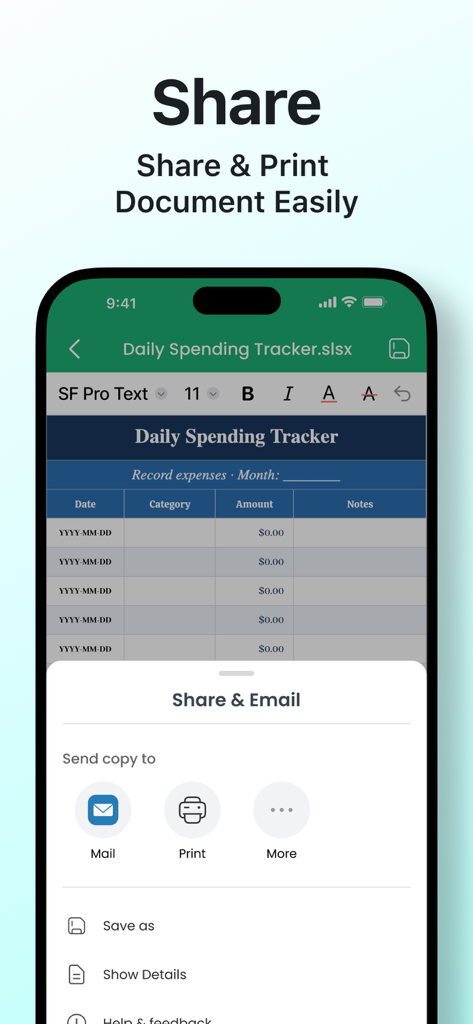 Word Editor・Docs・Sheets・Office - Interface showing sharing and printing options for a spreadsheet document on a smartphone