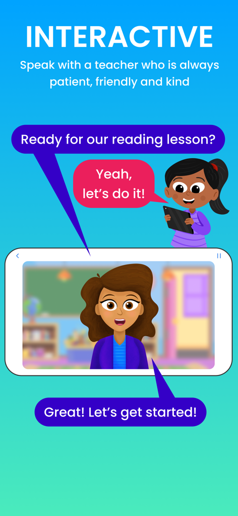 A friendly virtual teacher interacting with a child student during a reading lesson