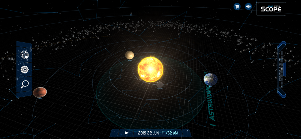 An interactive 3D view of the solar system showing the sun and planets on a celestial grid