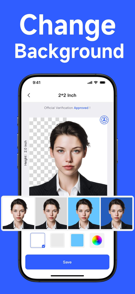 Mobile app interface showing the background removal and color selection feature for a 2x2 inch passport photo.