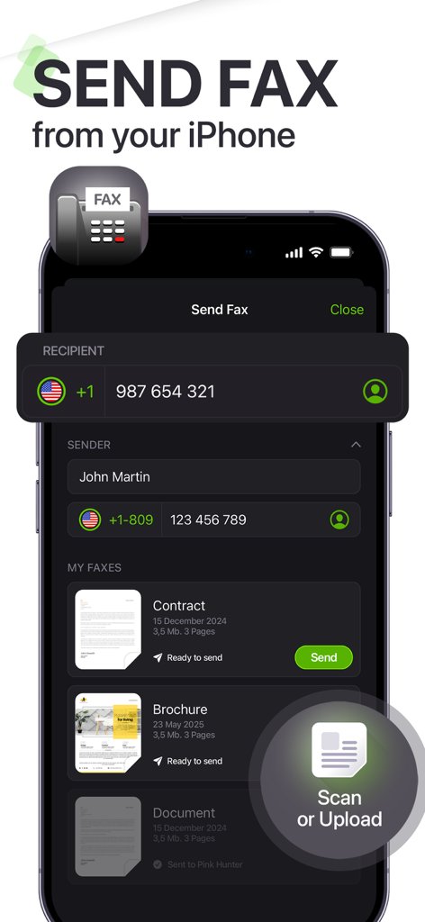 My Scanner: Scan to PDF & Edit - L'écran d'envoi de fax de l'application My Scanner sur iPhone, montrant les détails du destinataire et de l'expéditeur avec une liste de documents