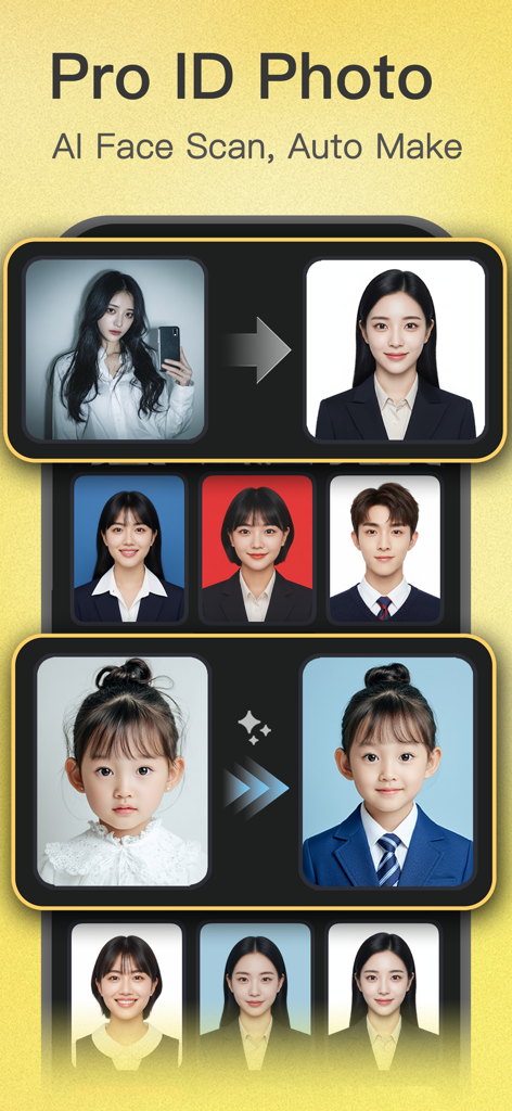 Phototells: AI ID & Headshot - Interfaz de la aplicación Phototells que muestra fotos de identificación y retratos IA profesionales generados con diferentes fondos y atuendos para adultos y niños
