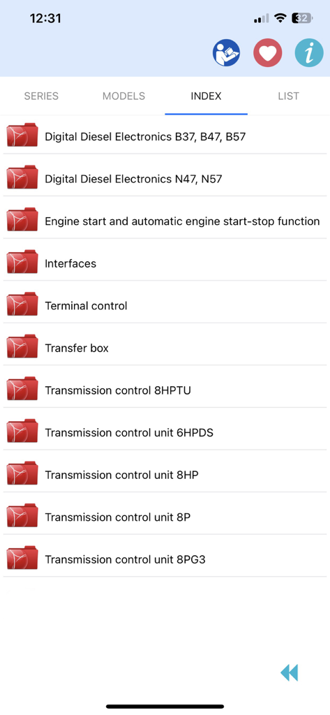 Bimma EWD - Wiring Diagrams - A list of BMW electrical wiring diagram categories including diesel electronics and transmission control within the Bimma EWD app