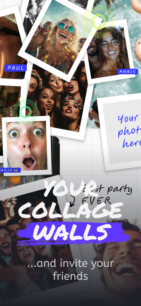 JamWall: Live collage - A collaborative photo collage wall featuring polaroid style pictures and handwritten notes among friends.