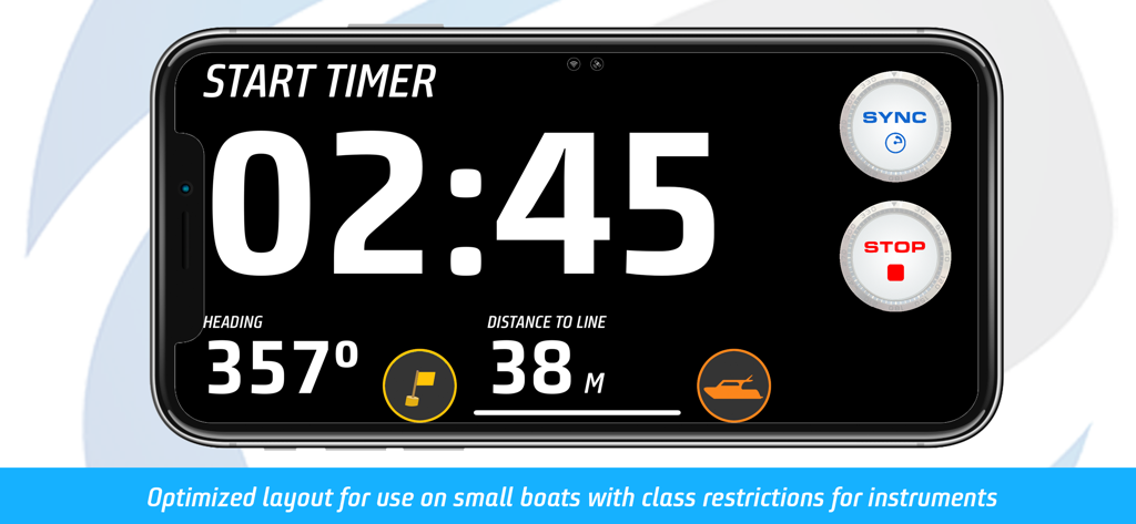 Pantalla del cronómetro de salida de regata de la aplicación Tactiqs que muestra la cuenta atrás, el rumbo de la embarcación y la distancia a la línea de salida.