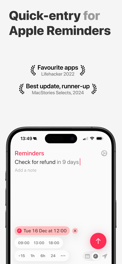 Interface of the Remind Me Faster app showing a quick entry task for Apple Reminders with natural language input.