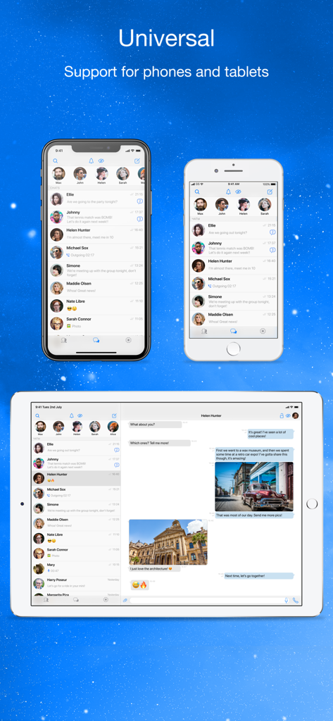 AnyTalk Messenger - AnyTalk Messenger app interface shown on multiple smartphones and a tablet with universal device support
