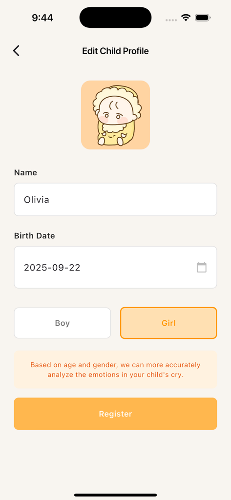Waa Waa - Captura de pantalla de la pantalla de registro del perfil del niño en la aplicación Waa Waa que muestra campos de entrada para el nombre, fecha de nacimiento y género.