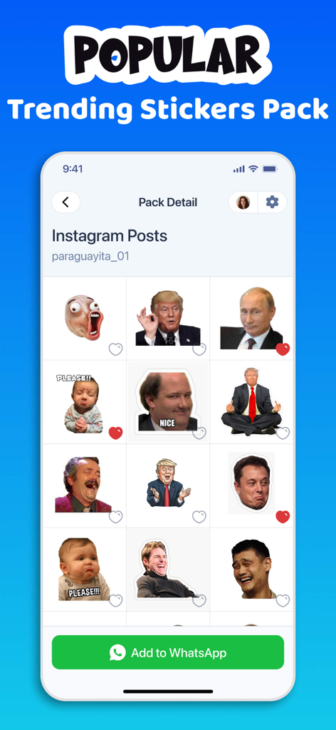 Sticker Maker・Stickers & Emoji - Interfaz de la aplicación Sticker Maker que muestra paquetes de stickers de tendencia con memes famosos y un botón para añadir a WhatsApp