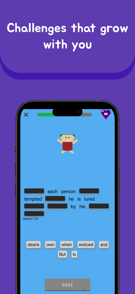 Werd - Scripture Study - Uno screenshot mobile che mostra una sfida di completamento di un versetto biblico mancante per Giacomo 1:14 nell'app Werd.