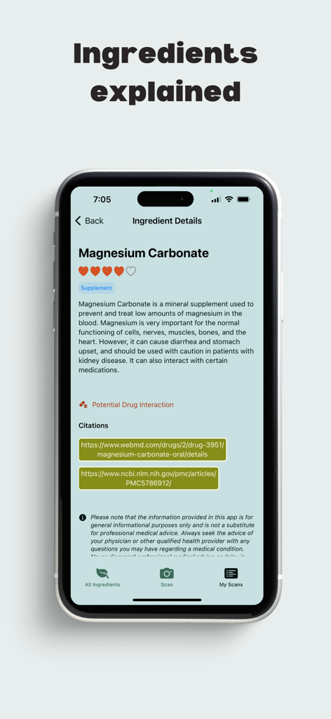 Medicine & Supplement Scanner - Mobile app screen showing detailed explanation and safety information for Magnesium Carbonate