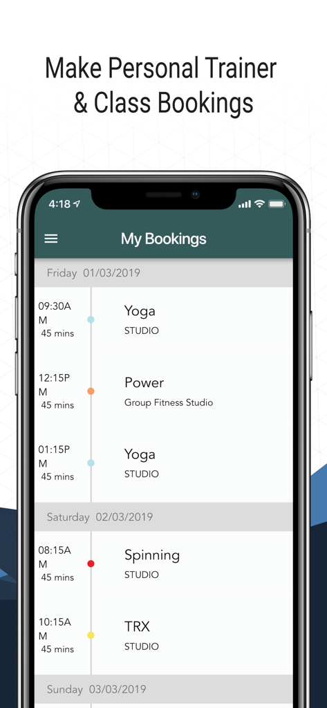 FTL Gym - App FTL Gym mostrando un horario de clases de fitness y sesiones de entrenamiento