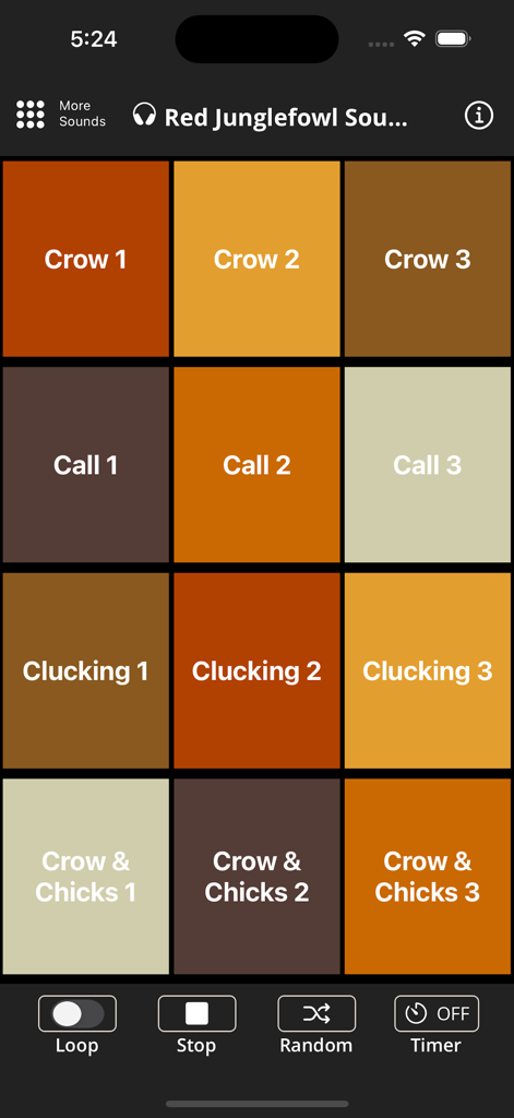 Red Junglefowl Sounds and Calls app interface featuring crowing and clucking sound buttons