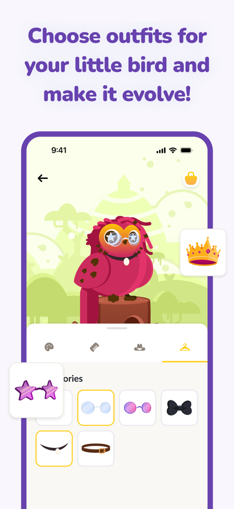 Interface of LovBirdz app showing how to customize the bird character with outfits and accessories