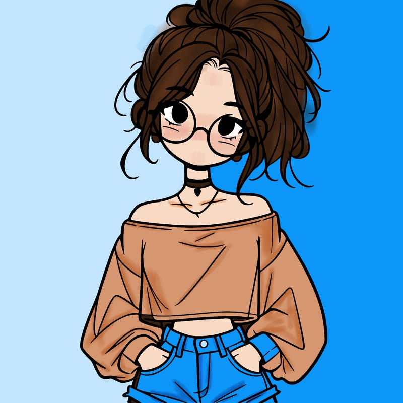 girl with a messy ponytail glasses a baggy crop top and jean shorts