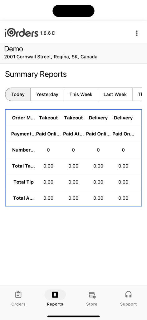 iOrders Restaurant Admin - Dashboard view of the iOrders Restaurant Admin app showing summary reports for daily sales and order performance.