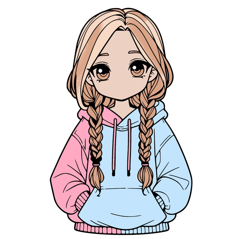 a realistic girl with a oversized hoodie and she has braids