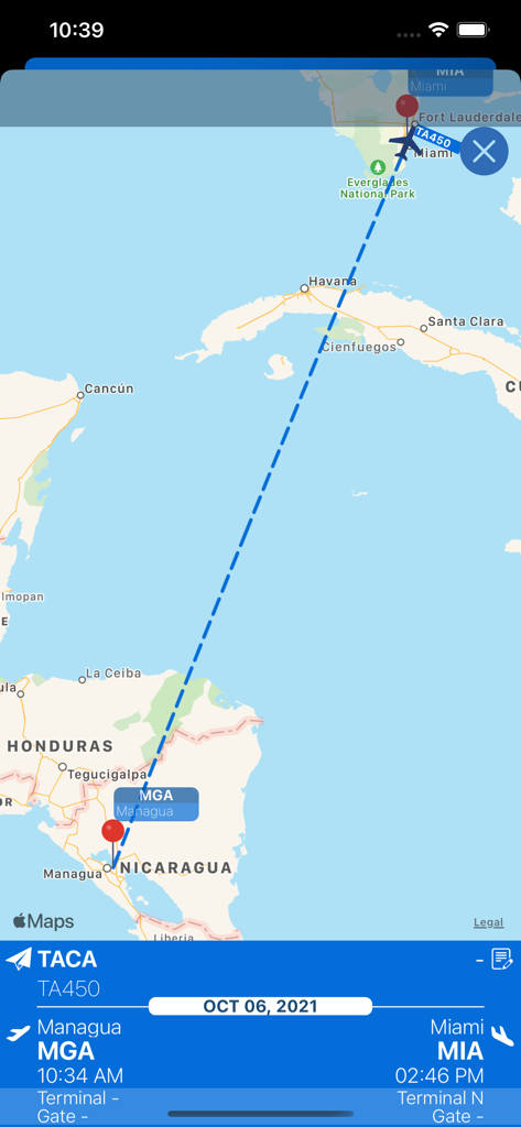 Miami Airport (MIA) + Radar - 마이애미 공항 앱에서 마나과에서 마이애미까지의 경로를 실시간 항공편 정보와 함께 표시하는 항공편 추적 지도
