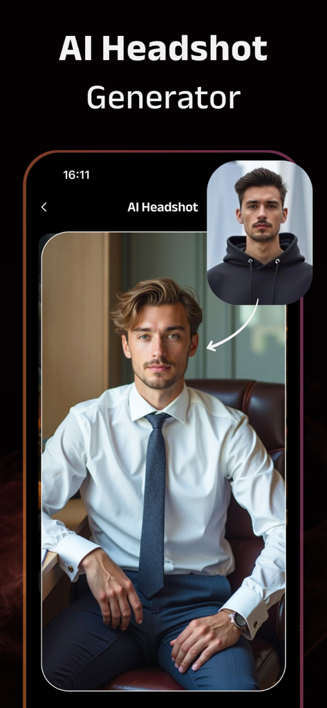 AI headshot generator transforming a casual hoodie into a professional business suit