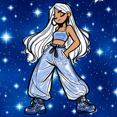girl in baggy pants crop top and long hair