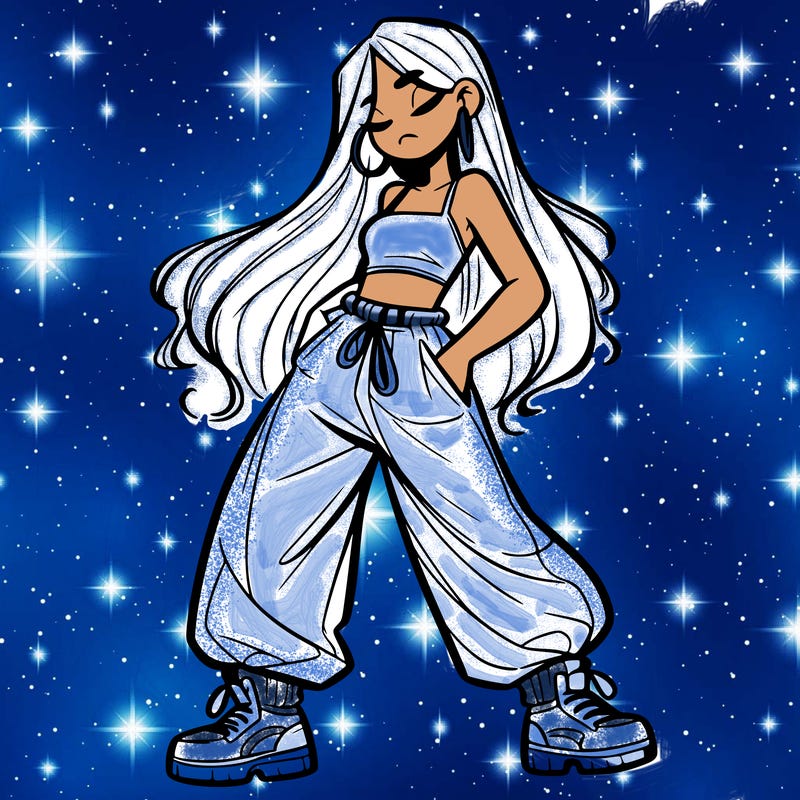 girl in baggy pants crop top and long hair