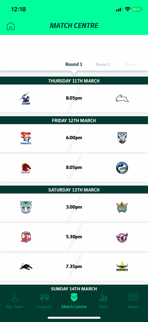 NRL Fantasy Match Centre showing Round 1 fixtures and match times