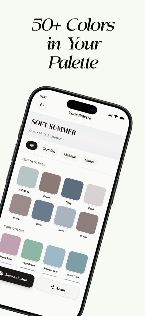 HueCheck: Color Analysis AI - A mobile app interface displaying a Soft Summer seasonal color palette with neutral and core colors