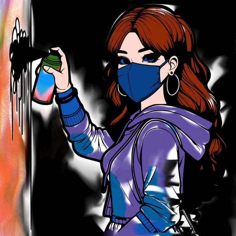 realistic girl with mask spray painting a wall