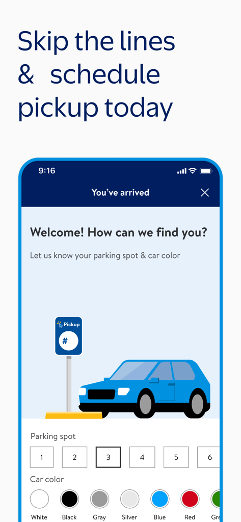 Walmart Business app curbside pickup arrival screen showing parking spot and car color selection