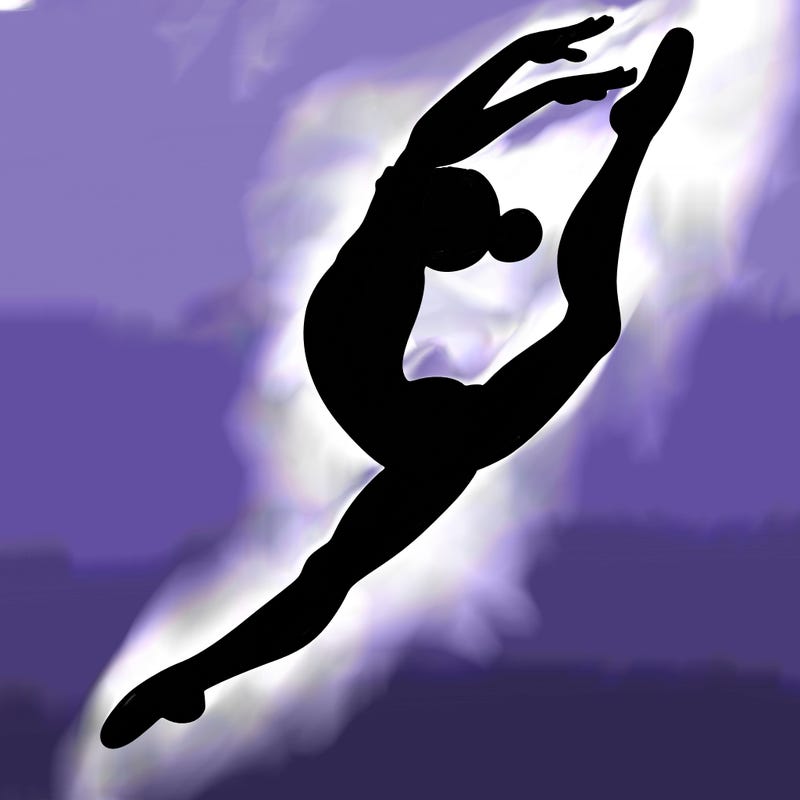 gymnast doing a leap in a leotard with a bent back leg