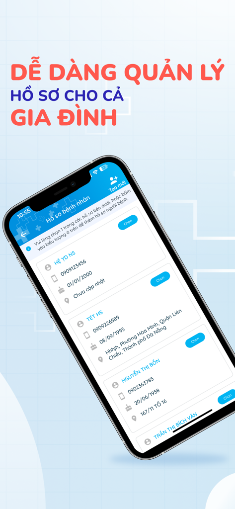 Bệnh viện Trưng Vương - Mobile app interface of Trung Vuong Hospital showing family health record management in Vietnamese.