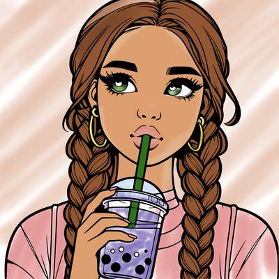 realistic girl with braided hair drinking boba
