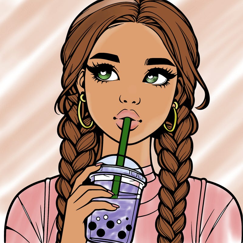 realistic girl with braided hair drinking boba