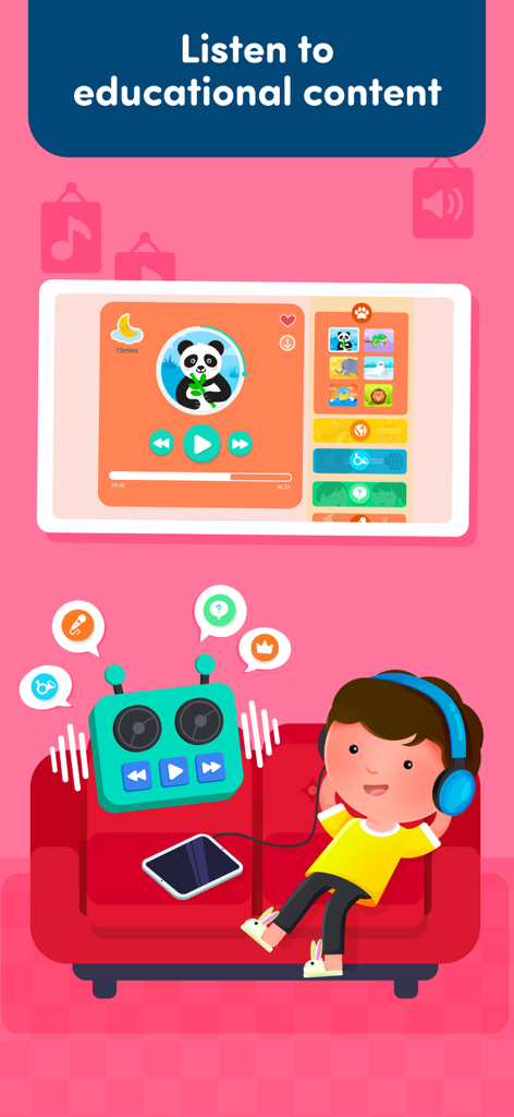 Ein kleines Kind mit blauen Kopfhörern hört sich pädagogische Audioinhalte aus der Montessori Preschool App an