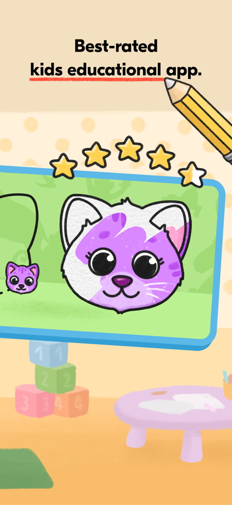 Speech Blubs educational app interface showing a purple cartoon cat and a five-star rating.